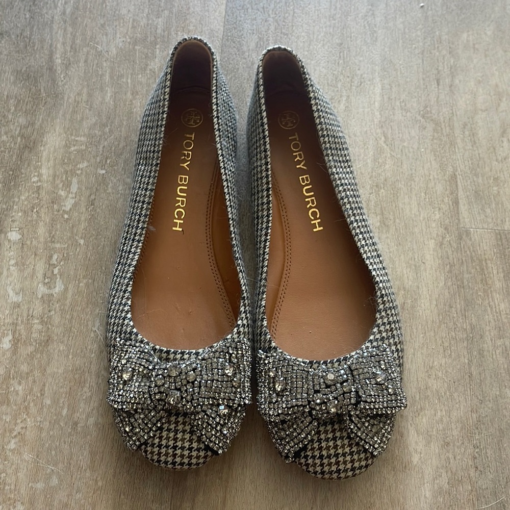 Tory Burch Houndstooth Rhinestone Bow Ballet Flats 10